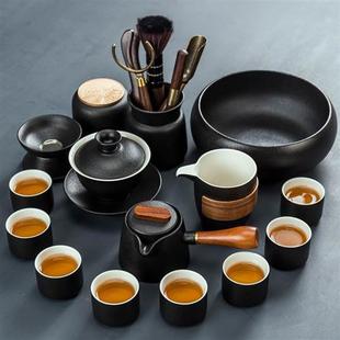 春墨辰韵 粗陶日式 家用办公茶盘茶具黑禅风盖碗 黑陶功夫茶具套装