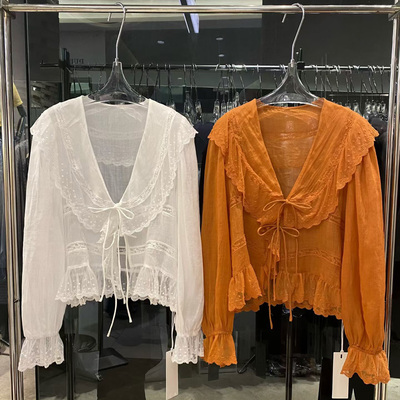 2026夏新法式度假风蕾丝荷叶边衬衫女系带蝴蝶结喇叭袖百搭上衣