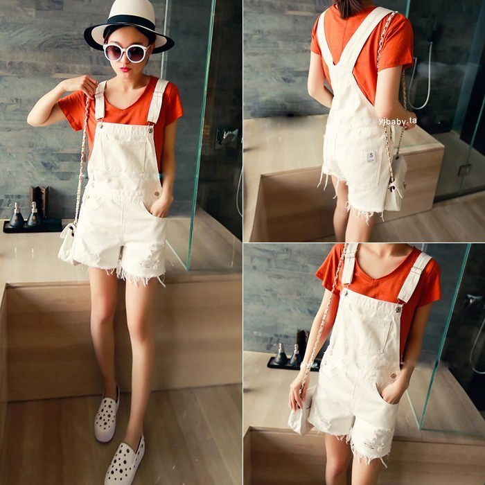 白色破洞牛仔背带短裤女夏季宽松学生显瘦修身韩版学院风百搭热裤|ruв категории Женская одежда, джинсы - от Buy2taobao.com для оказания профессиональной услуги покупки агента Taobao