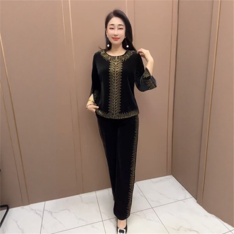 秋季新款镶钻丝绒套装女开叉七分袖松紧腰直筒裤时尚气质两件套女