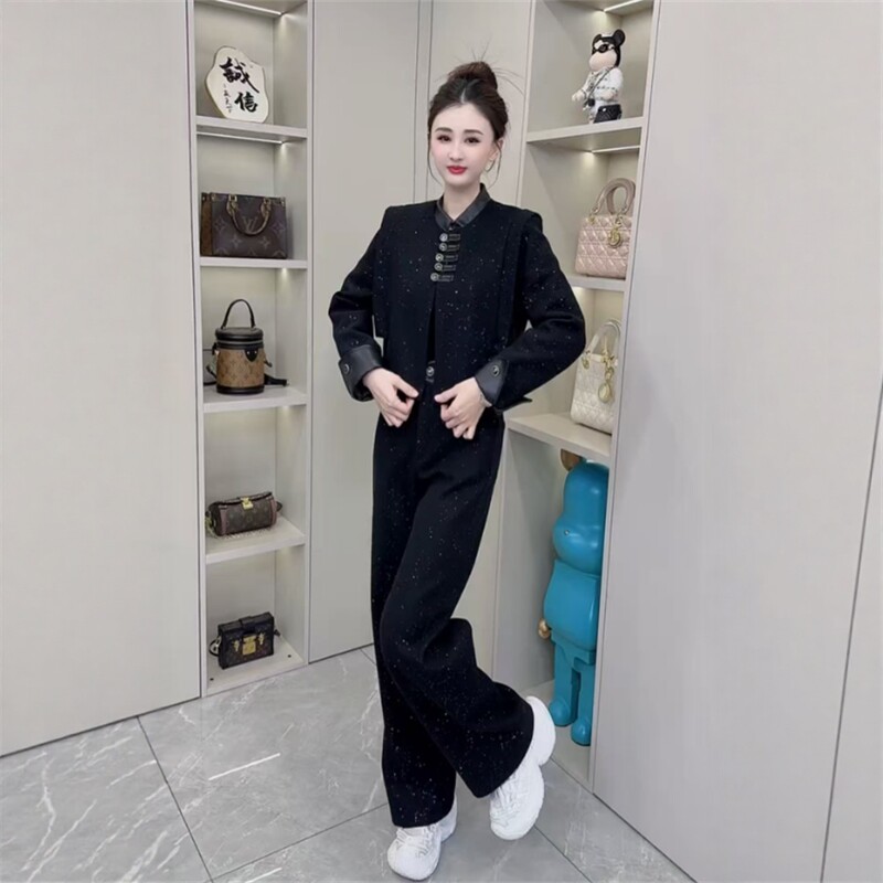 2026春季新款女士休闲套装短款外套高腰直筒裤时尚气质潮流两件套