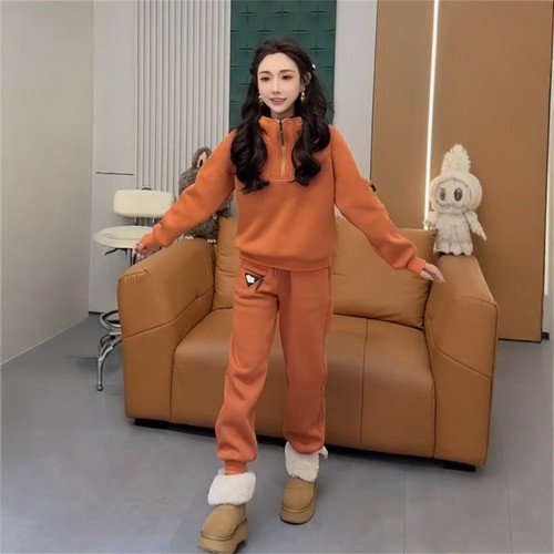 加绒保暖休闲套装女半拉链连帽卫衣束脚松紧腰卫裤时尚减龄两件套