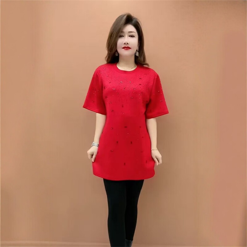 韩版烫钻短袖中长款T恤衫女宽松遮肚显瘦时尚百搭减龄休闲大版衫.