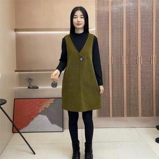 秋冬新款假两件连衣裙长袖半高领宽松腰显瘦时尚减龄中长款连衣裙