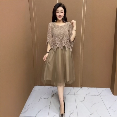 中年妈妈夏季新款时尚套装针织外披砍袖连衣裙高雅气质减龄两件套