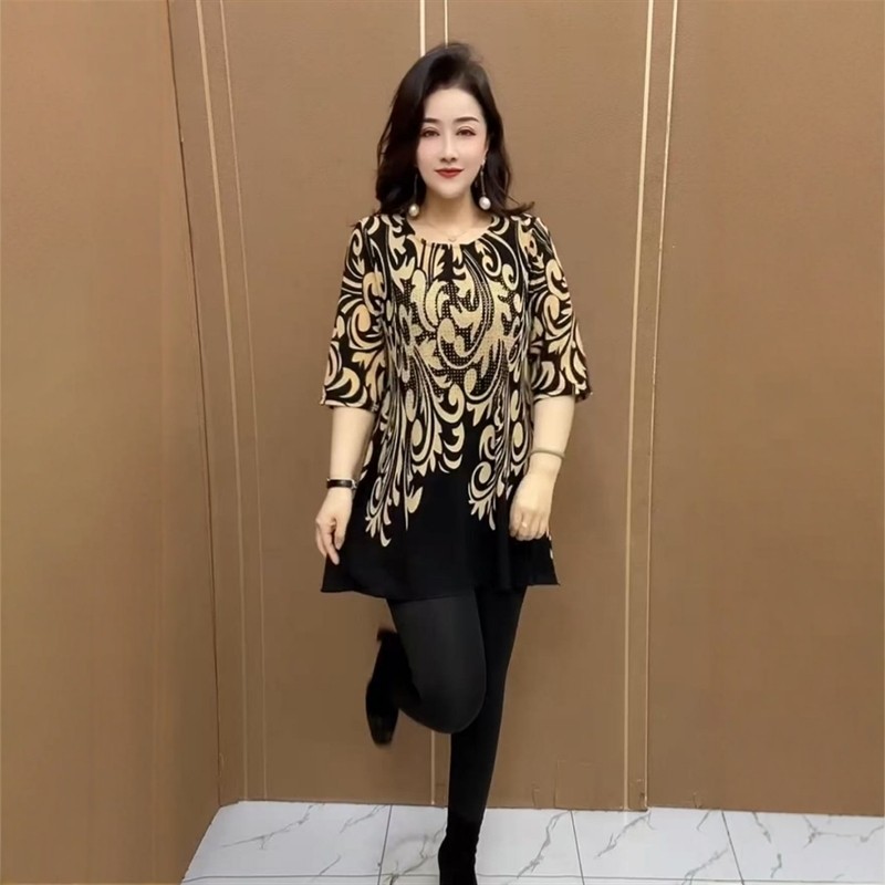 春季新款七分袖碎花大版衫女宽松遮肚显瘦时尚洋气百搭中长款上衣
