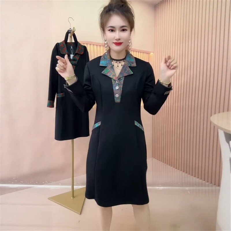 秋季新款西装领连衣裙宽松遮肚显瘦时尚洋气减龄百搭中式风中长裙