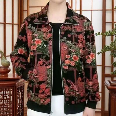 秋季新款夹克拉链外套休闲花色长袖上衣遮肚百搭高档中老年妈妈装