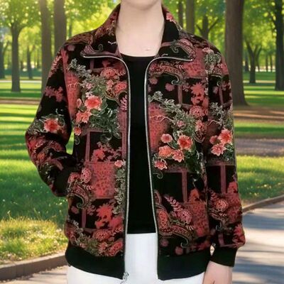 妈妈装春秋新款上衣开衫显瘦花色外套中年女装翻领夹克衫拉链外套