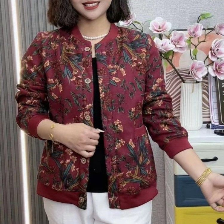 妈妈春秋新款加绒开衫保暖外套时尚中老年宽松夹克棒球服洋气上衣