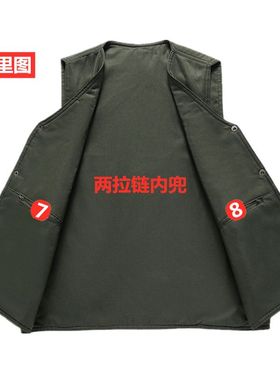 大口袋春秋马甲男士中老年人双层内衬里衬马夹v领坎肩户外军绿色
