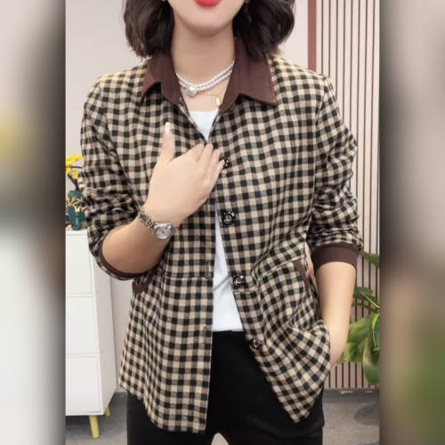 爆款格子短外套妈妈装春秋新款衬衫领衬衫外穿上衣中年人宽松外搭