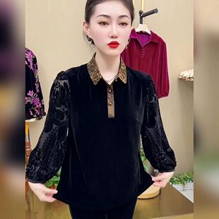 中年妈妈气质翻领衬衫女士春秋黑色洋气宽松遮肚九分袖金丝绒上衣
