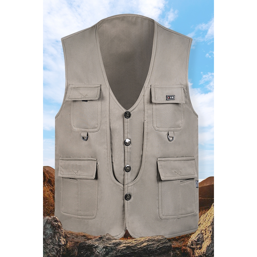 中老年春秋男式马甲双层按扣款坎肩V领多口袋户外钓鱼摄影马夹男