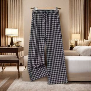 复古格子阔腿裤 女夏季 款 蕾丝边拼接高腰显瘦慵懒风宽松直筒拖地裤