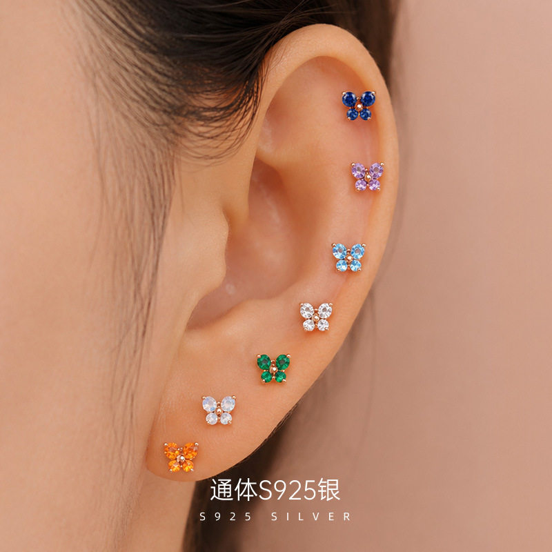 精品S925纯银十二生辰石彩钻蝴蝶耳钉女ins个性叠戴耳饰耳骨钉
