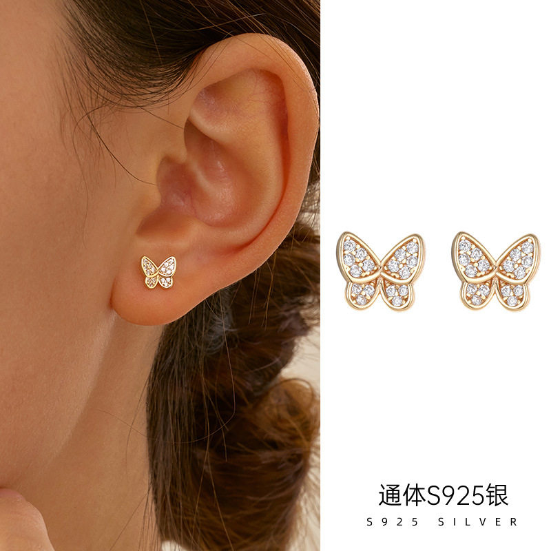 精品S925纯银ins高级感满钻蝴蝶耳钉女镀14K金百搭小众夏季耳饰