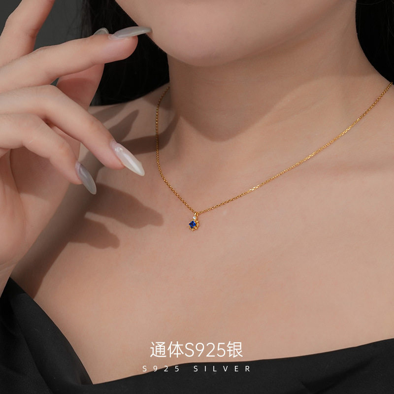 精品S925纯银日系精致宝蓝色小花项链女复古轻奢百搭配饰颈链