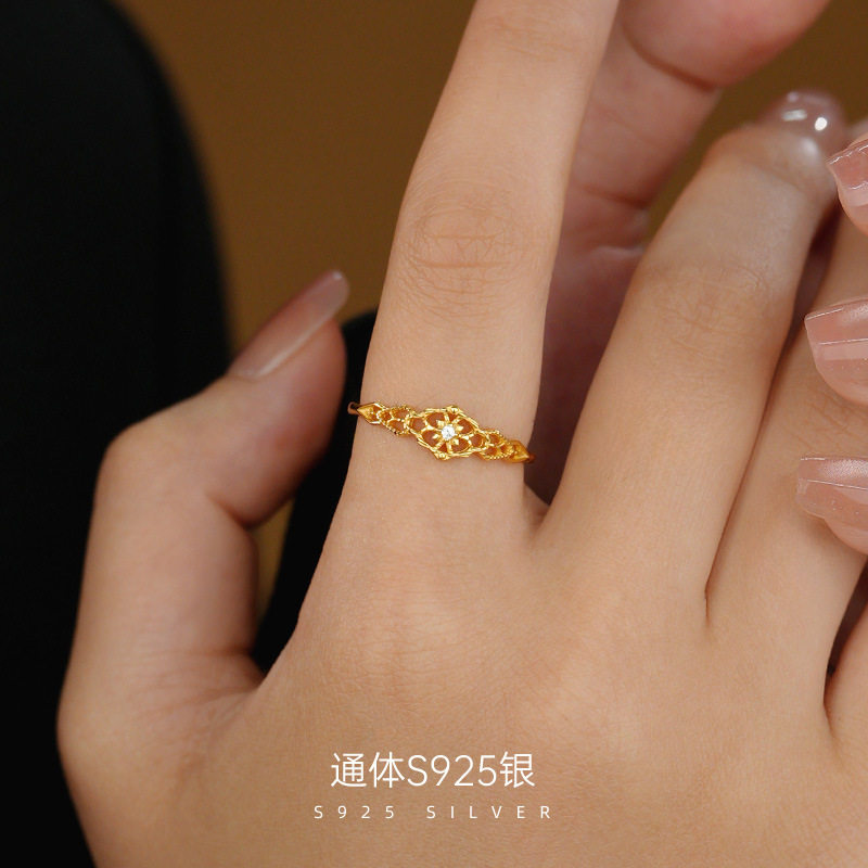 精品S925纯银日系镂空蕾丝戒指女镀18K金复古轻奢百搭银饰手饰