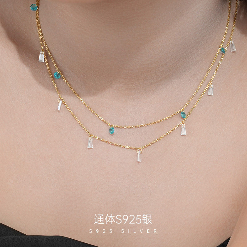 精品S925纯银日系满天星梯形圆钻流苏项链女轻奢镀18K金锁骨链