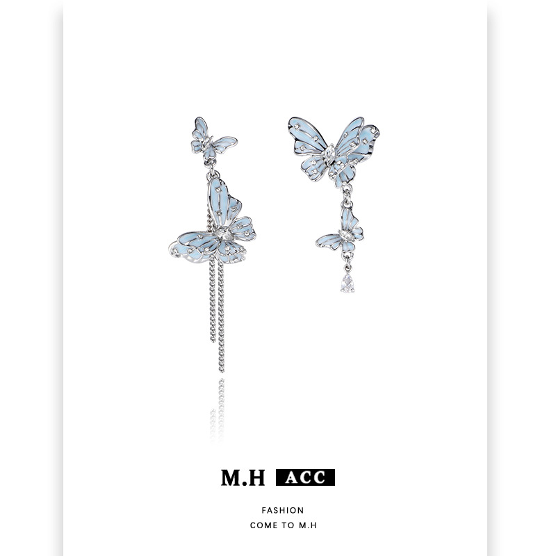 原创设计不对称蓝色蝴蝶耳环女轻奢时尚甜酷百搭高级925银针耳饰