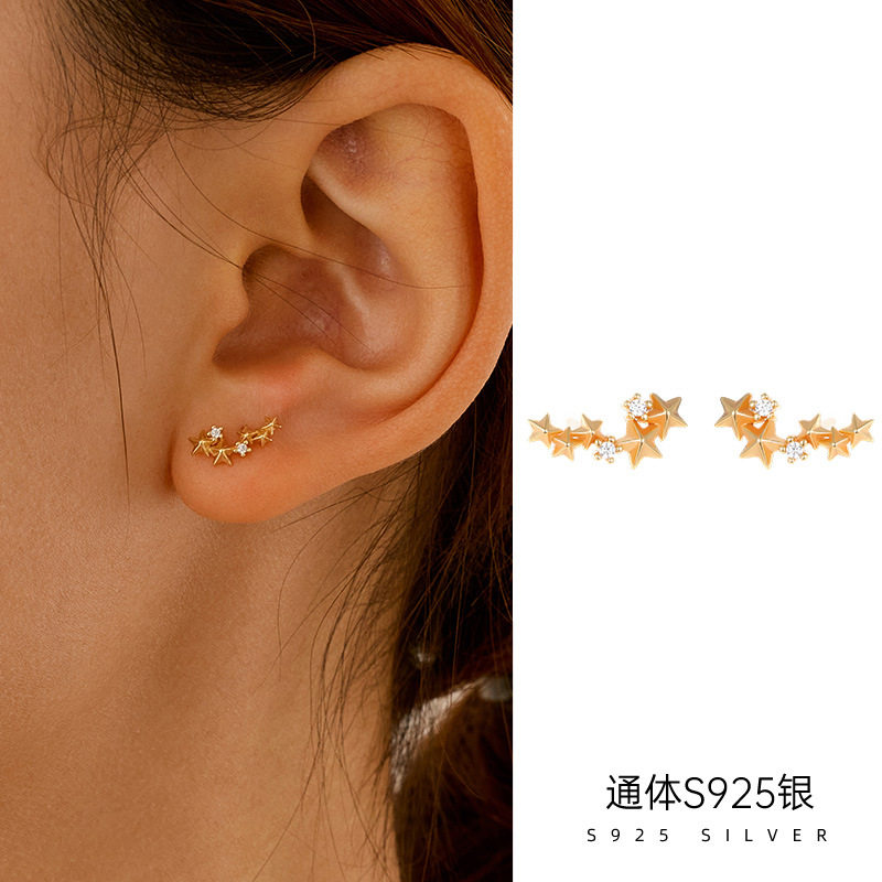 精品S925纯银小众设计感五角星耳钉女个性欧美日韩百搭星星耳饰