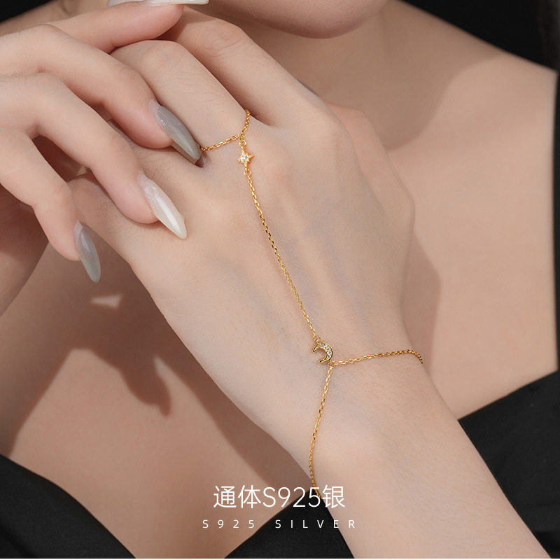 精品S925纯银欧美风镶钻月亮星星连指手链女简约轻奢小众手饰