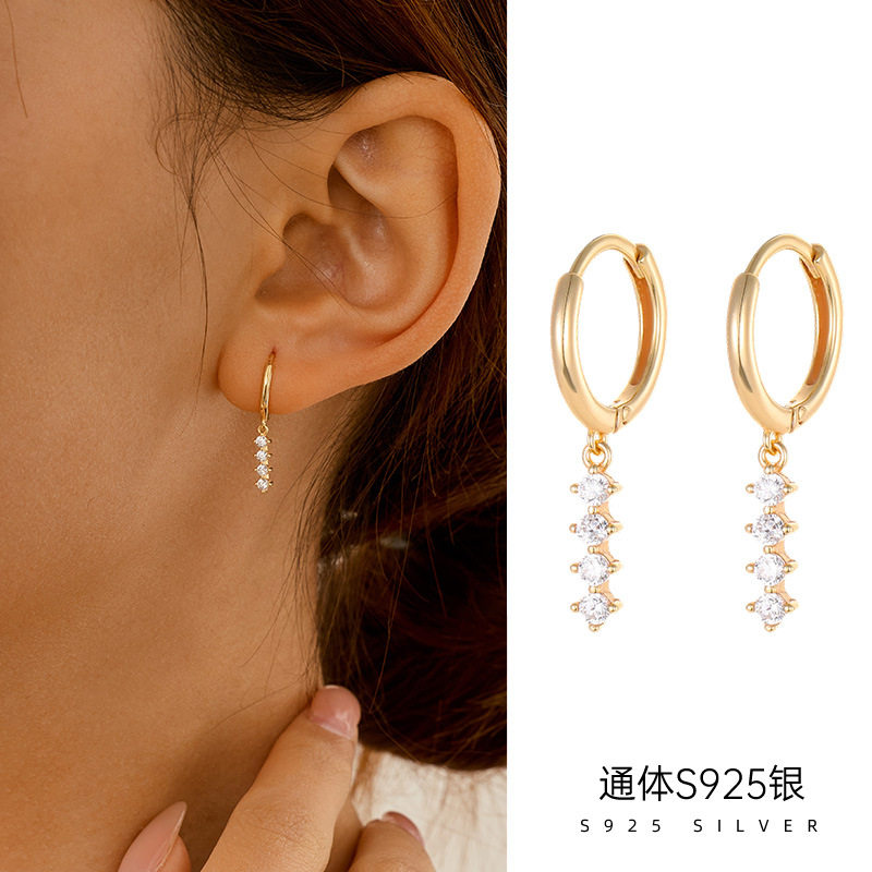 精品S925银欧美一字排钻耳坠耳环女时尚ins高级感饰品热销耳饰