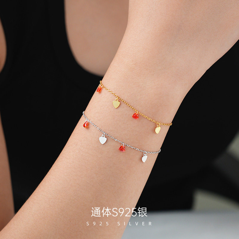 精品S925银日系镀18K金亮片小红心锆石手链女百搭甜美气质手饰