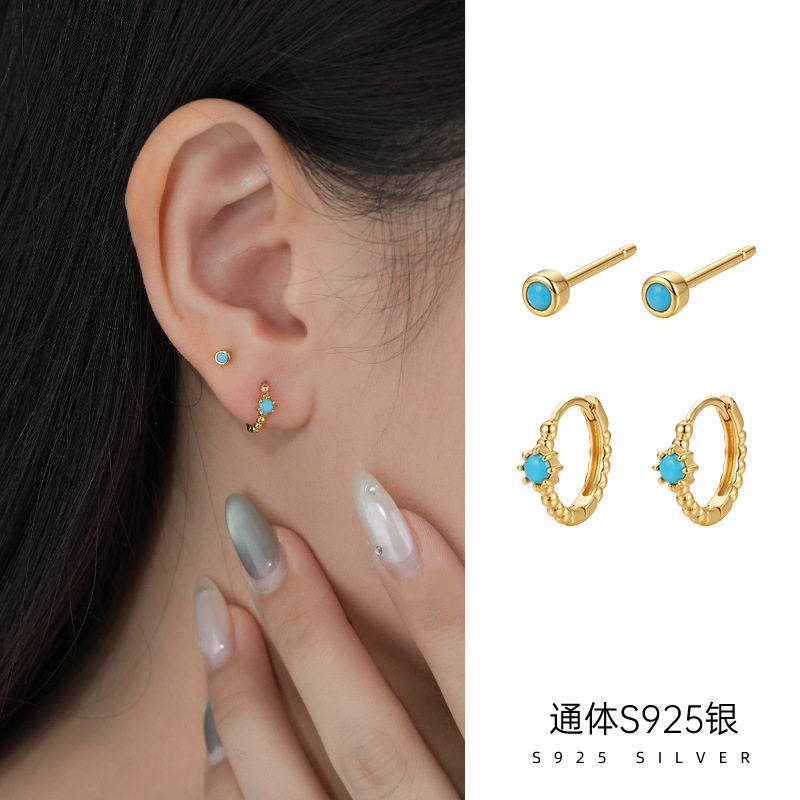 精品S925纯银精品热卖款蓝松石耳钉耳环女小众ins百搭通勤耳饰