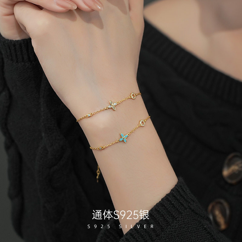 精品S925纯银轻奢四叶花蓝松石手链女高颜值ins百搭中古风手饰