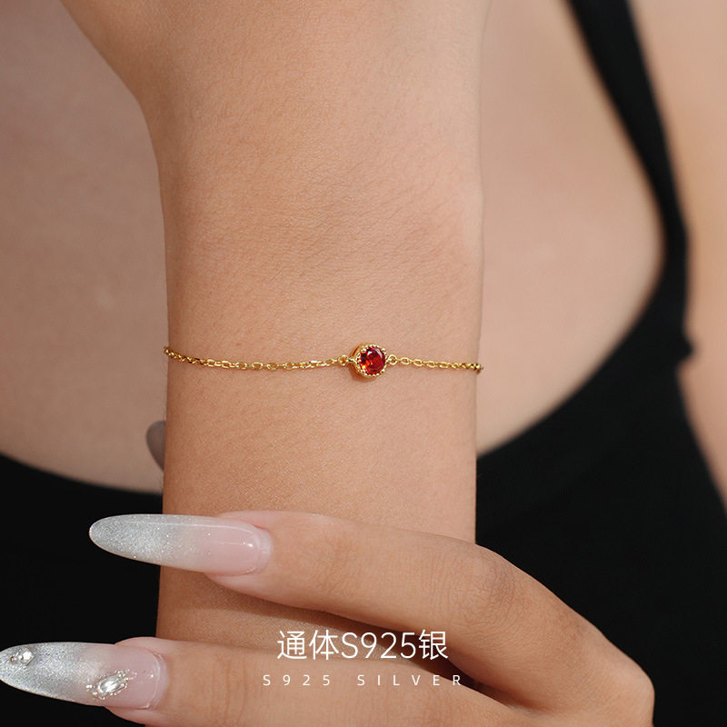精品S925纯银精品复古石榴红单钻手链女ins简约轻奢镀18K金手饰