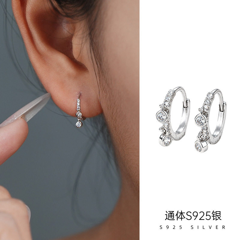 精品S925纯银ins风小钻流苏耳圈耳环女轻奢小众通勤款圆圈耳饰