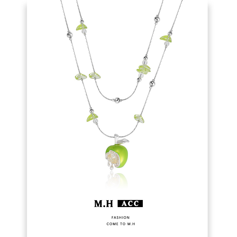 青苹果吊坠项链配饰女款2025新款原创设计轻奢小众双层叠戴锁骨链