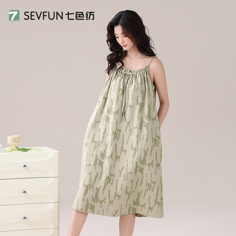七色纺纯棉华夫格睡裙带胸垫女夏季吊带睡衣2025新款可外穿连衣裙图片