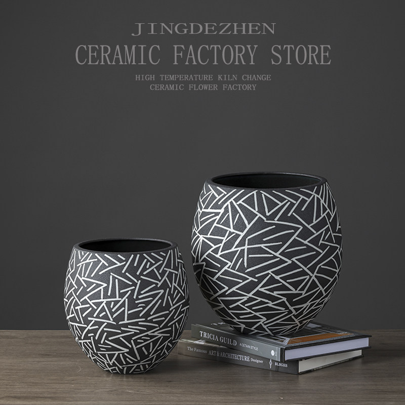现代极简约黑色手绘不规则几何线条陶瓷花瓶客厅餐桌面装饰摆件