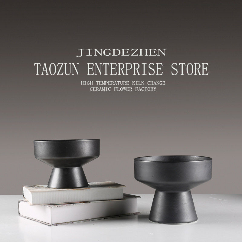 日式禅意高脚小花盆黑色陶瓷花瓶摆件客厅桌面插花器皿酒店装饰品