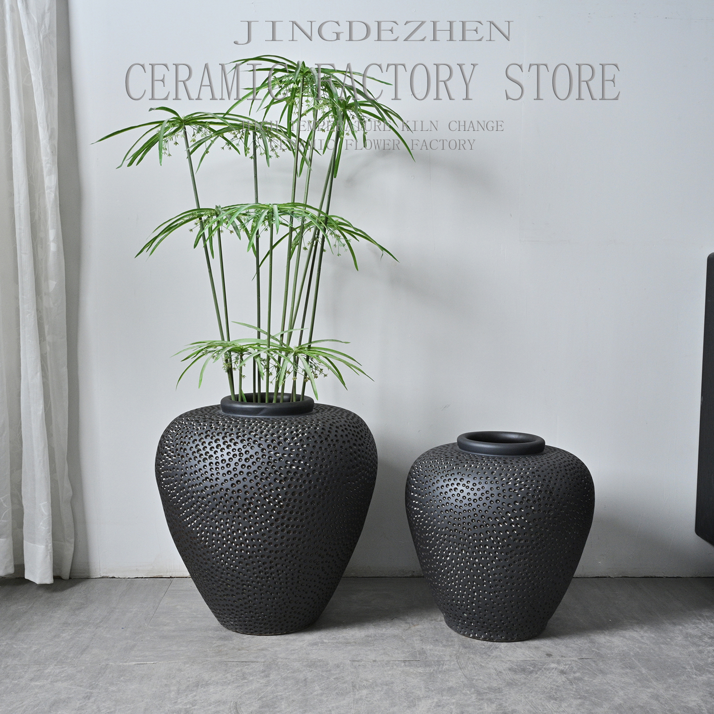 简约现代中式创意手工雕刻纹陶罐花器大肚陶罐花瓶客餐厅装饰摆件