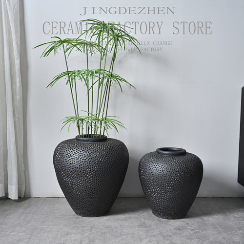 简约现代中式创意手工雕刻纹陶罐花器大肚陶罐花瓶客餐厅装饰摆件