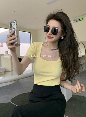 Garbociaga龍喜儿 且听风吟 U领白色打底针织衫内搭短袖上衣7160