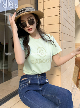 Garbociaga龍喜儿 仲夏莫兰 丝光棉特种刺绣字母浅绿色短T袖 3176