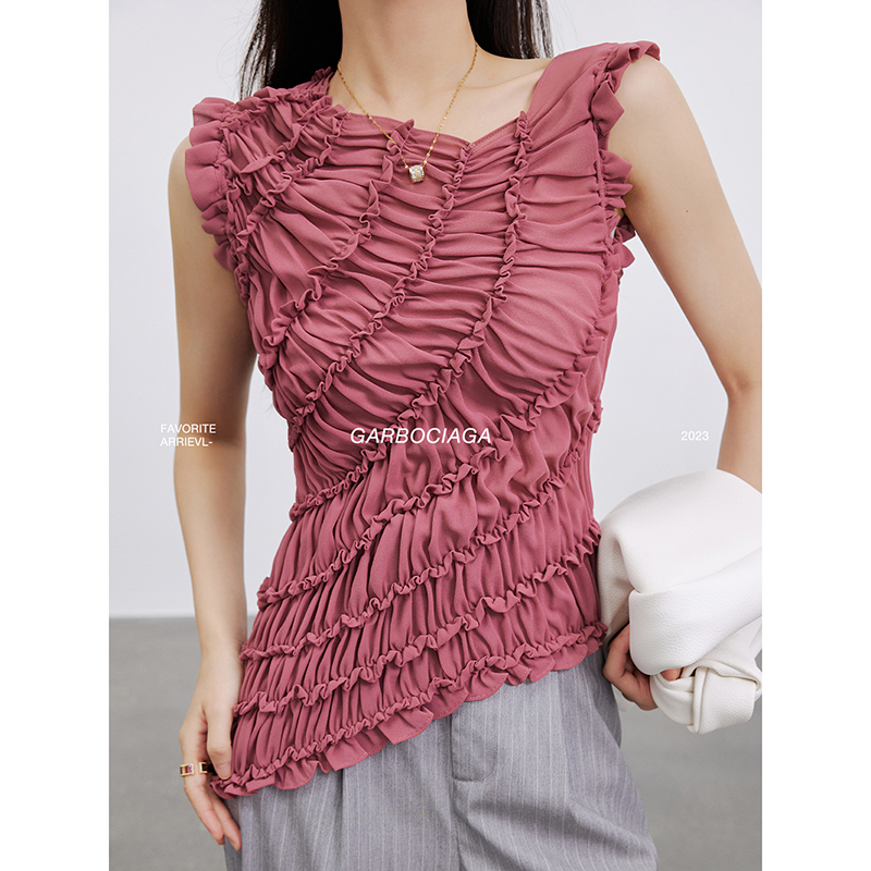 龙喜儿修身通勤无袖抽皱衬衫