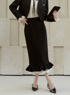 Garbociaga龍喜儿 优雅赫本高密波浪花边高腰鱼尾气质半身裙7693