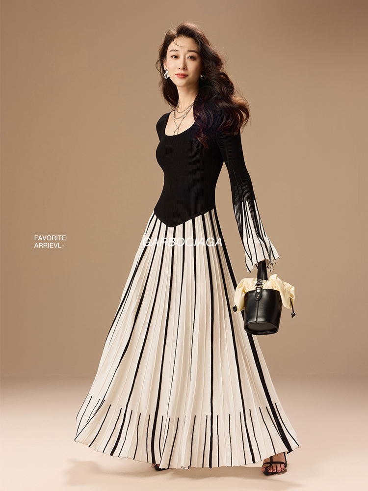 龙喜儿天s羊毛钢琴皱喇叭连衣裙