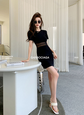 Garbociaga龍喜儿 夜宴女王 伊力特凉感黑色拼网纱显瘦连衣裙7368