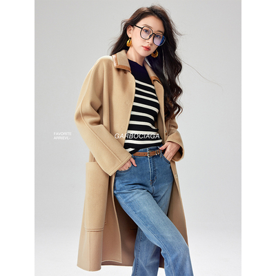 Garbociaga龙喜儿 宋茜同款 100高支羊毛双面呢拼皮廓形大衣 3089