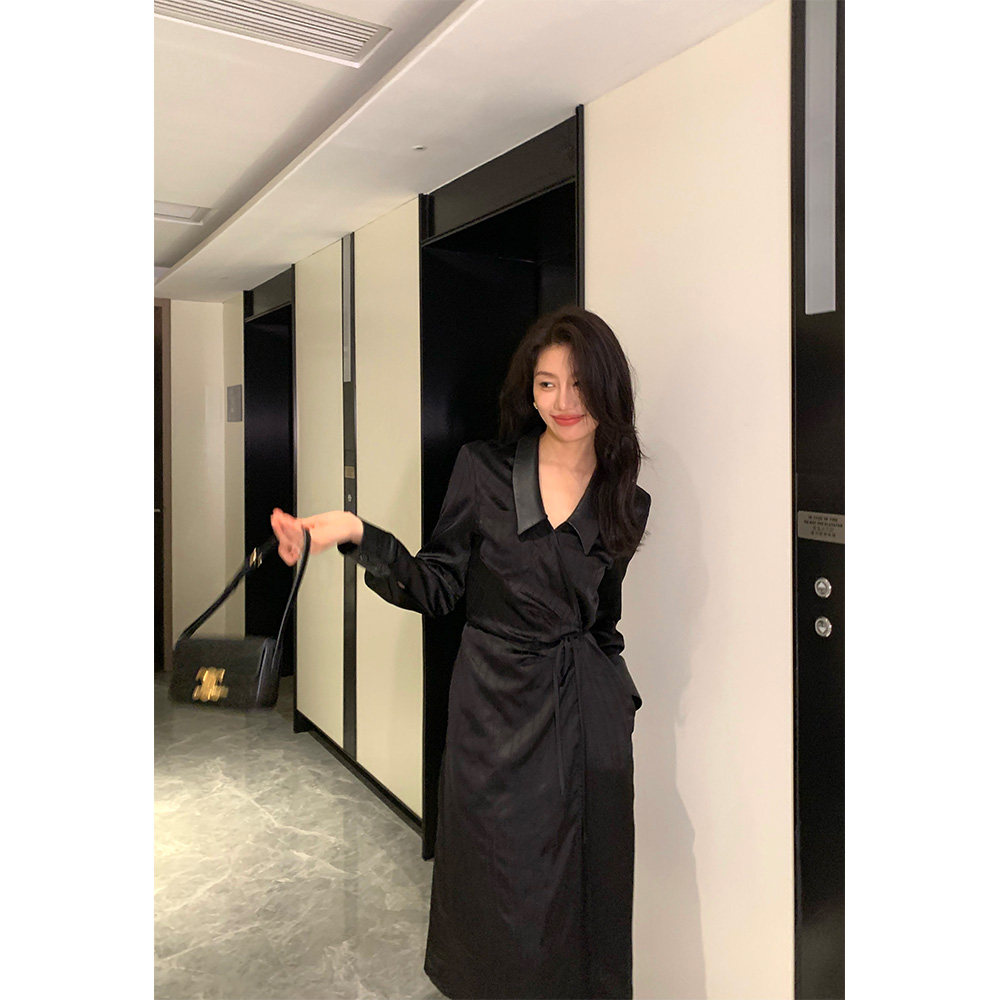 Garbociaga龍喜儿 金主爸爸 缎面皮领拼接系带气质连衣裙 9083