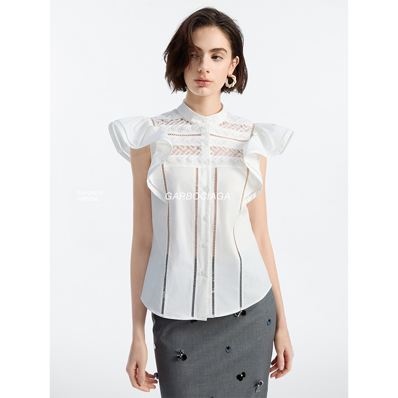 重工轻奢匹马棉镂空小飞袖衬衫