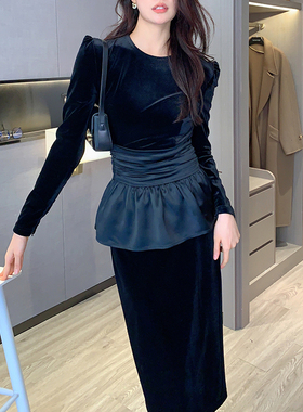 Garbociaga龙喜儿 黑天鹅 赫本风丝绒长袖腰封连衣裙子女新款1289