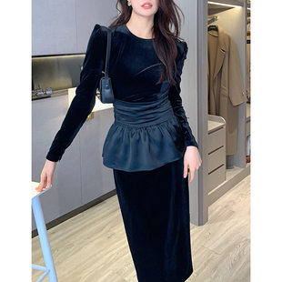 腰封连衣裙子女新款 赫本风丝绒长袖 1289 黑天鹅 Garbociaga龙喜儿